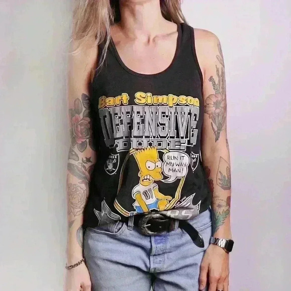RARE Vintage 90s Bart Simpsons x Raiders Football NFL Black Tank Top - Picture 3 of 4
